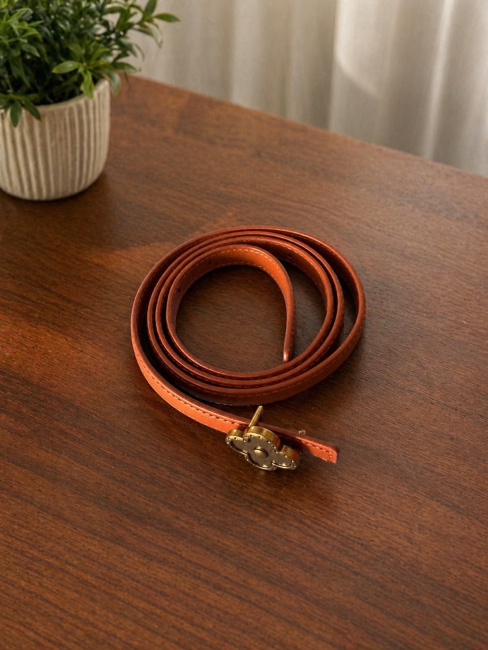 Tan Leather Thin Belt with Floral Gold Buckle
